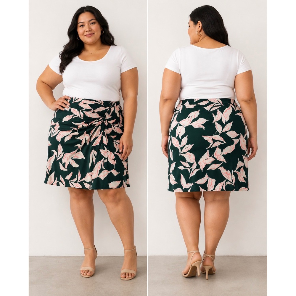Nine West Women's 2X Green Floral Leaf Print A-Line Skirt Layered Front Detail